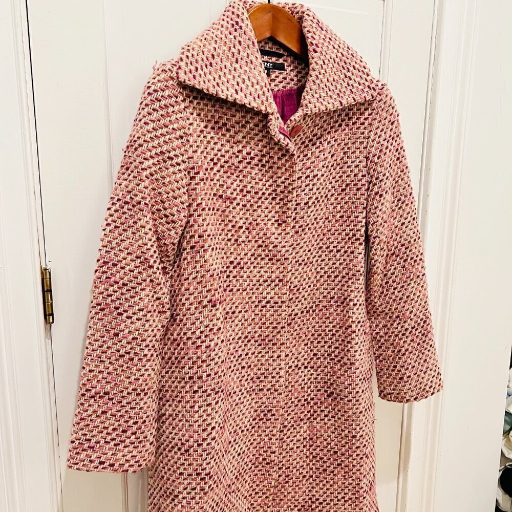 DKNY Ladies Women's Vintage Pink Tweed Over Coat Size 8 Medium Jacket - Picture 8 of 16